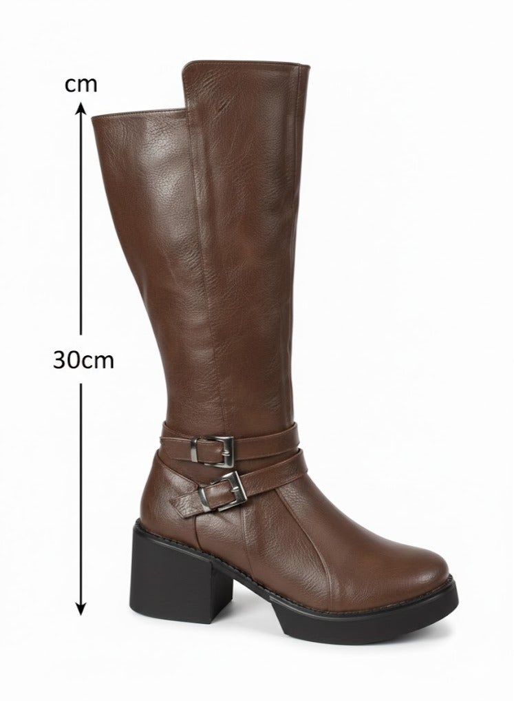 لايف ستيلاش  بوت طويل بكعب متوسط من الجلد أنيق LB-40 - بني - Image 2